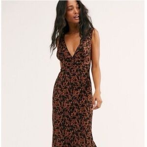 Free People Ohh La La Tank Midi Dress Brown Black Size 8 Floral Bodycon